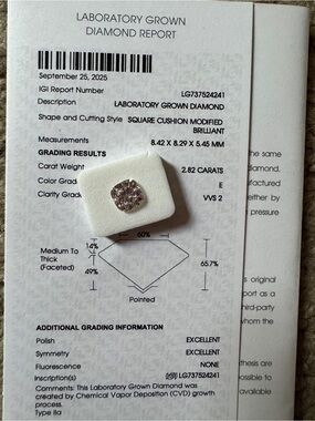 Laboratory Grown Cushion Diamond 2.82ct - E Color VVS2